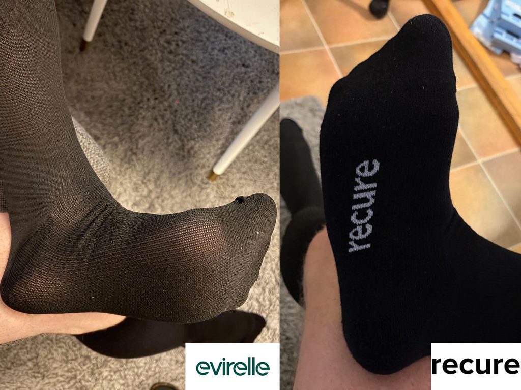 Evirelle stödstrumpa ovanför, Recure nedanför, sedda från undersidan