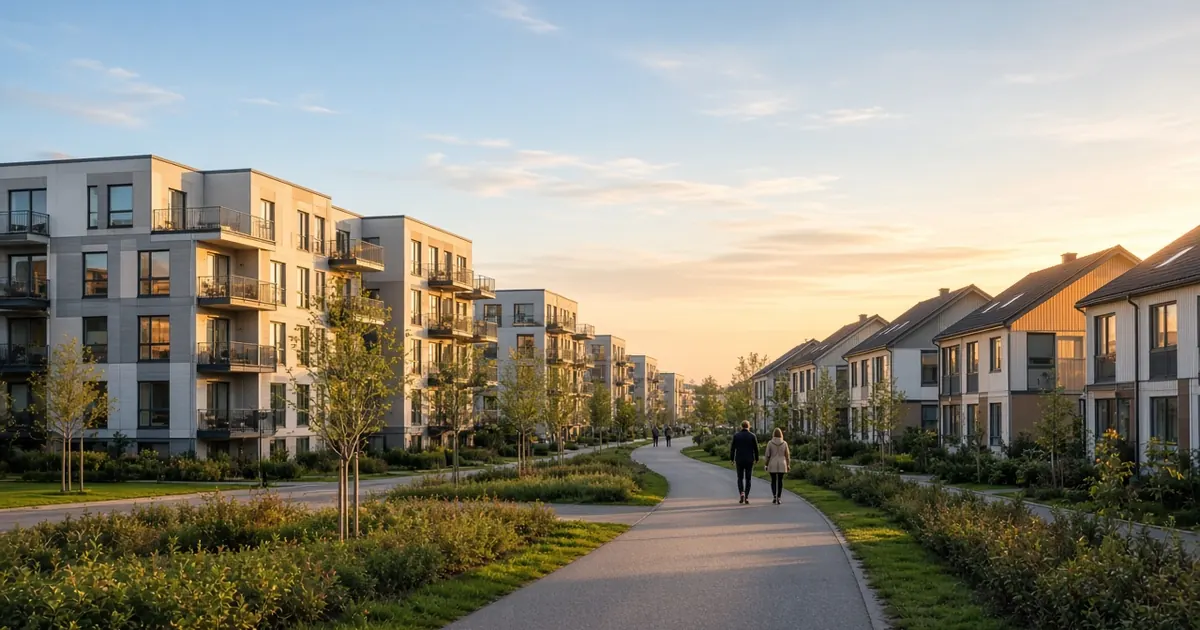 Bostadsområde med flerfamiljshus och radhus i kvällssol, symbol för bostadsmarknaden