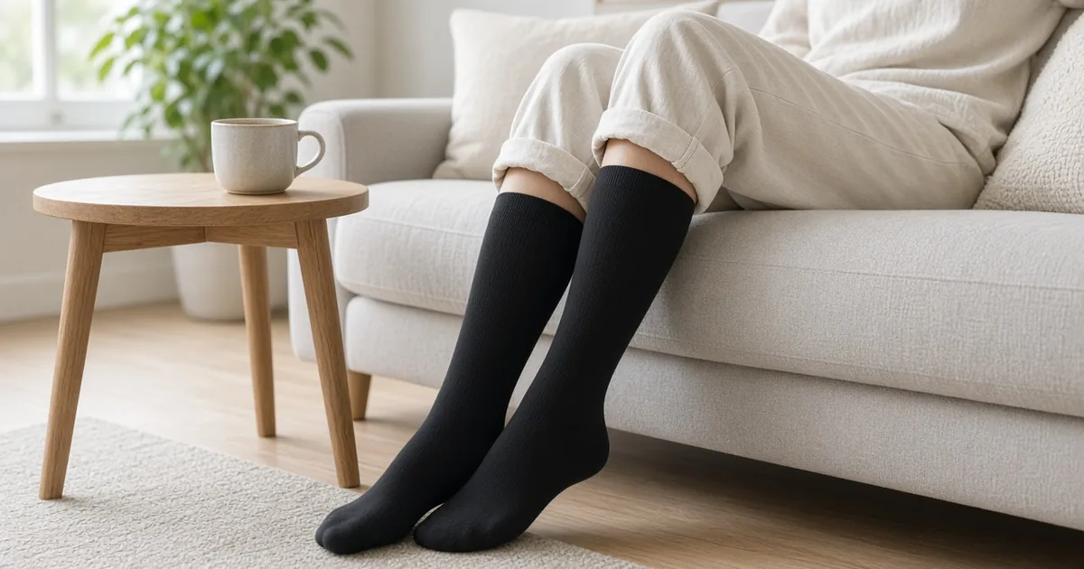 Person som sitter i soffan med svarta stödstrumpor
